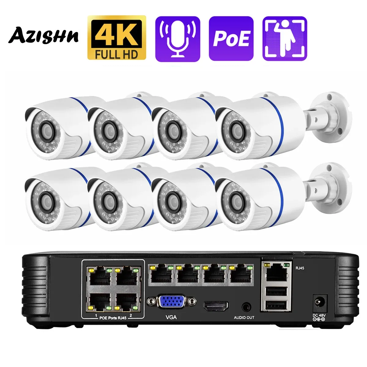 Система 8MP 4K AI Detection Security Camera System Poe NVR Комплект CCTV видеозапись наружный домашний звук камера видеонаблюдения камера видеонаблюдения