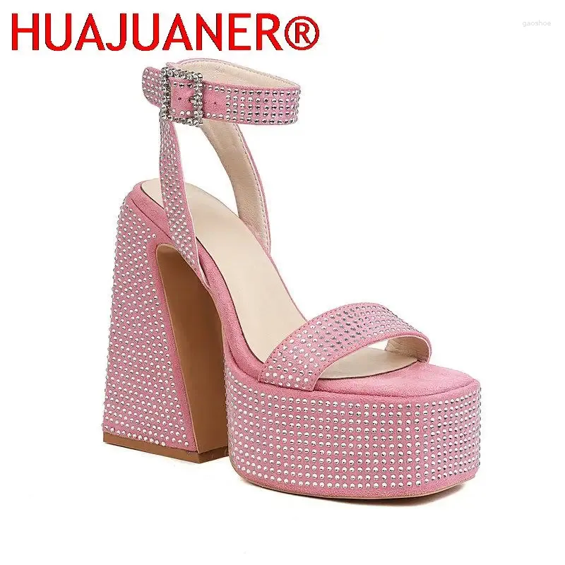 Sandalen 2024 Fashion Crystal Women Platform Hoof Hoog Hak Buckle Party Dames schoenen Zwart roze Paarse plus maat 42 43