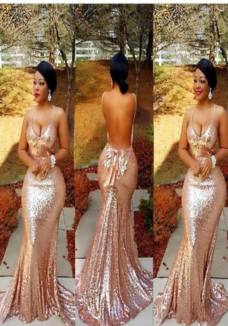 2017 New Gold Sparkle Sequins Sexy Lowcut Spaghetti Prom Dresses Mermaid Champagne Evening Dress Backless with Bow2411038