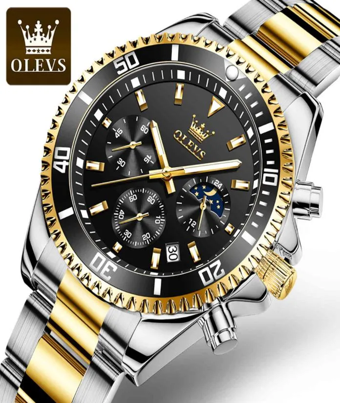 高級デザイナーのためのOLEVSブランド039S Quartz Moon Phase Calendar Business Gold Watch Men reloj hombre7974480