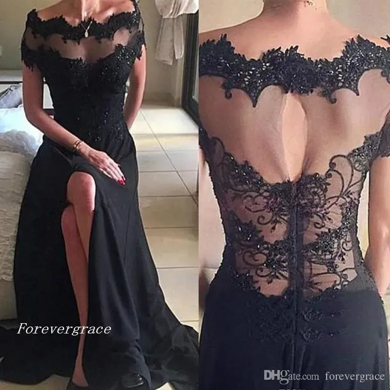 Kleider 2019 Vintage Little Black Split Abendkleid Spitze appliziert eine Linie formelles Partykleid Custom Make Plus Size