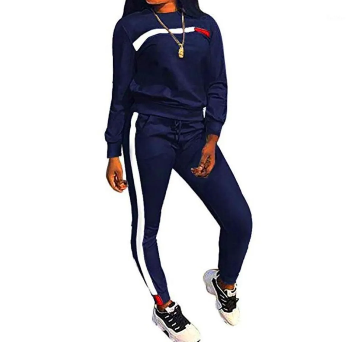 Loozykit Frauen Sport -Outfit runde Nacken -Top -Streifen Lange Hosen Schweißanlagen Frauen Fitness Running Training Tracksuit Wear11724942