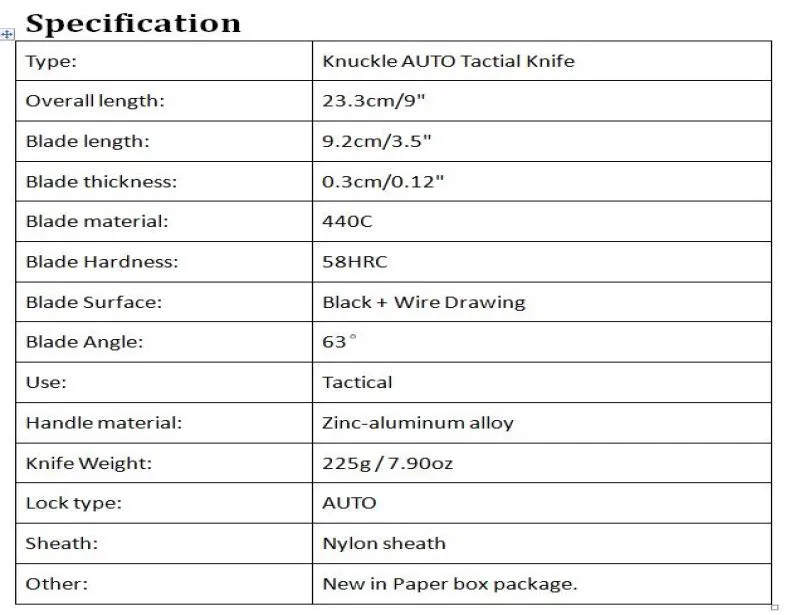 Knuckle Knuckle Auto Tactical Knife 440c Ponto de queda de borda única Fina Znal Handel