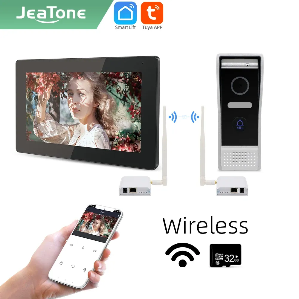 Intercoming Jeatone Tuya Smart 7 pulgadas IP Video IP Sistema de cámara de timbre de teléfono de intercomunicador con WiFi Wifi Bridge Box87203 Black