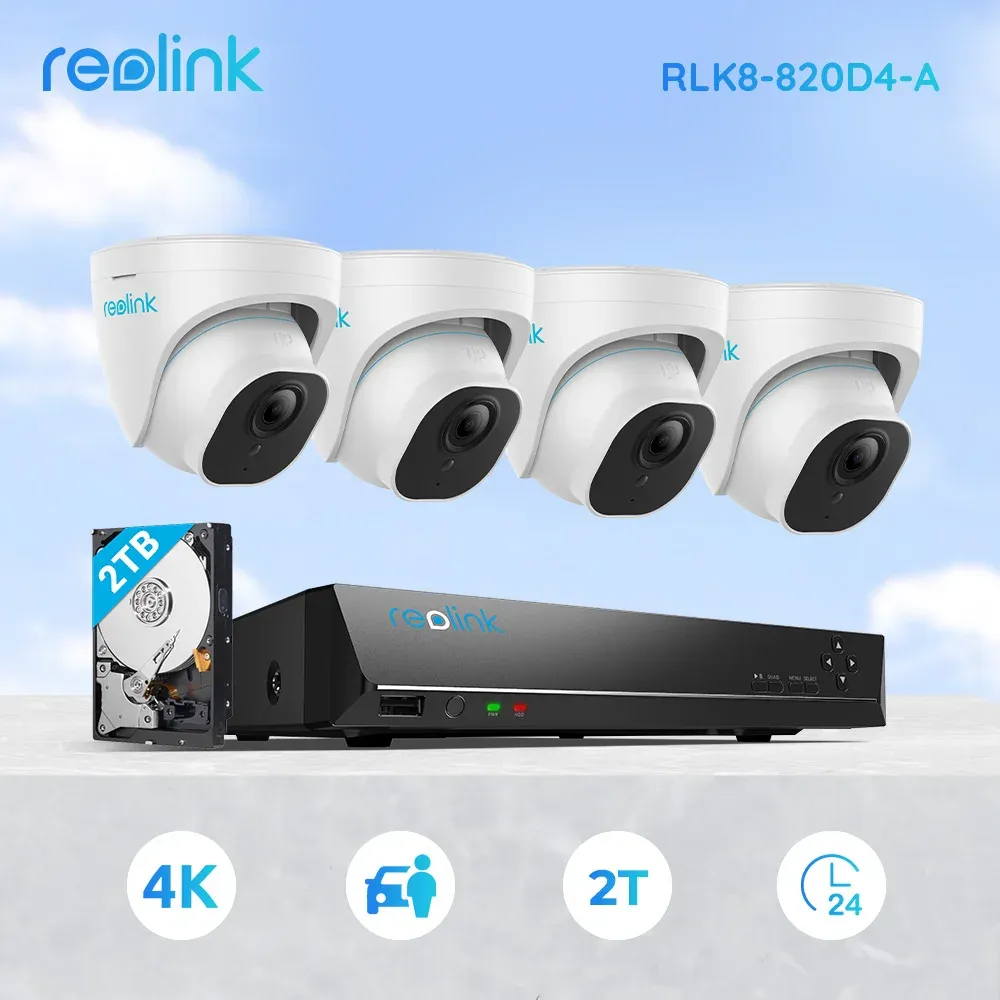 System Reolink Smart Poe NVR Kit 4K Ultra HD 24/7 Recording 2TB HDD te zien met Human/Car Detection Home Security System RLK8820D4A