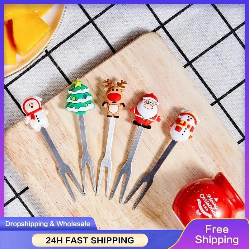 Forks Cartoon Fruit Fork Salade mignon Design en acier inoxydable Signe Fork / Fruit Pick Christmas Tree Stainles