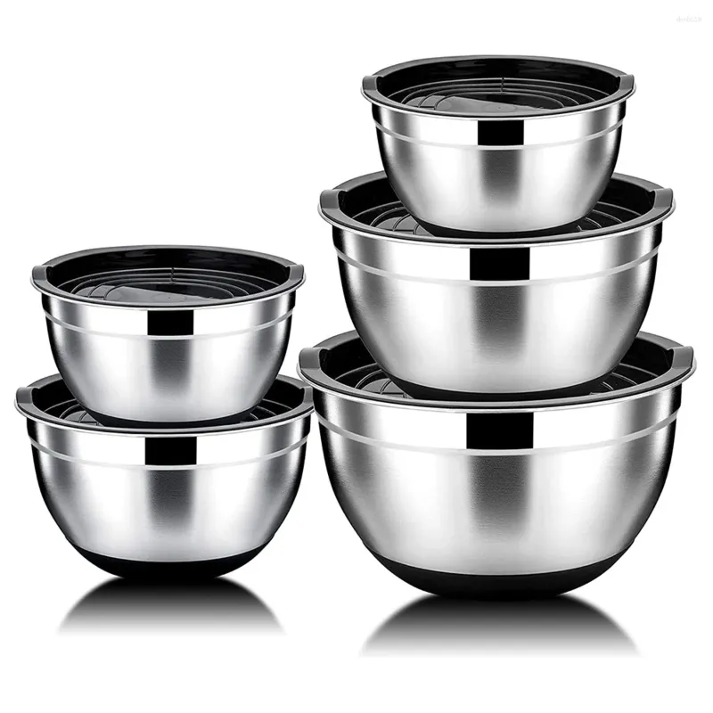 Bols 5 pcs mélangeant un bol salade en acier inoxydable avec une base de lidnon étanche à l'air servant pour la cuisson de cuisine de cuisine, etc.