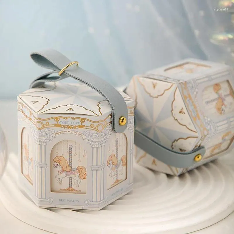 Prezent na prezenty sześciokątne pudełko ze skórzanymi uchwytami przenośne pudełka karuzelowe na festiwal ślubny