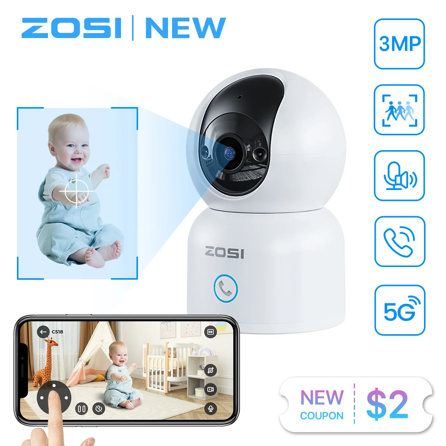 Камеры Zosi C518 Внутренняя панорадка/наклона Smart Security IP -камера 2K 360 ° Baby Pet Monitor AI Human Tracking 2,4G/5G Wi -Fi Камера наблюдения