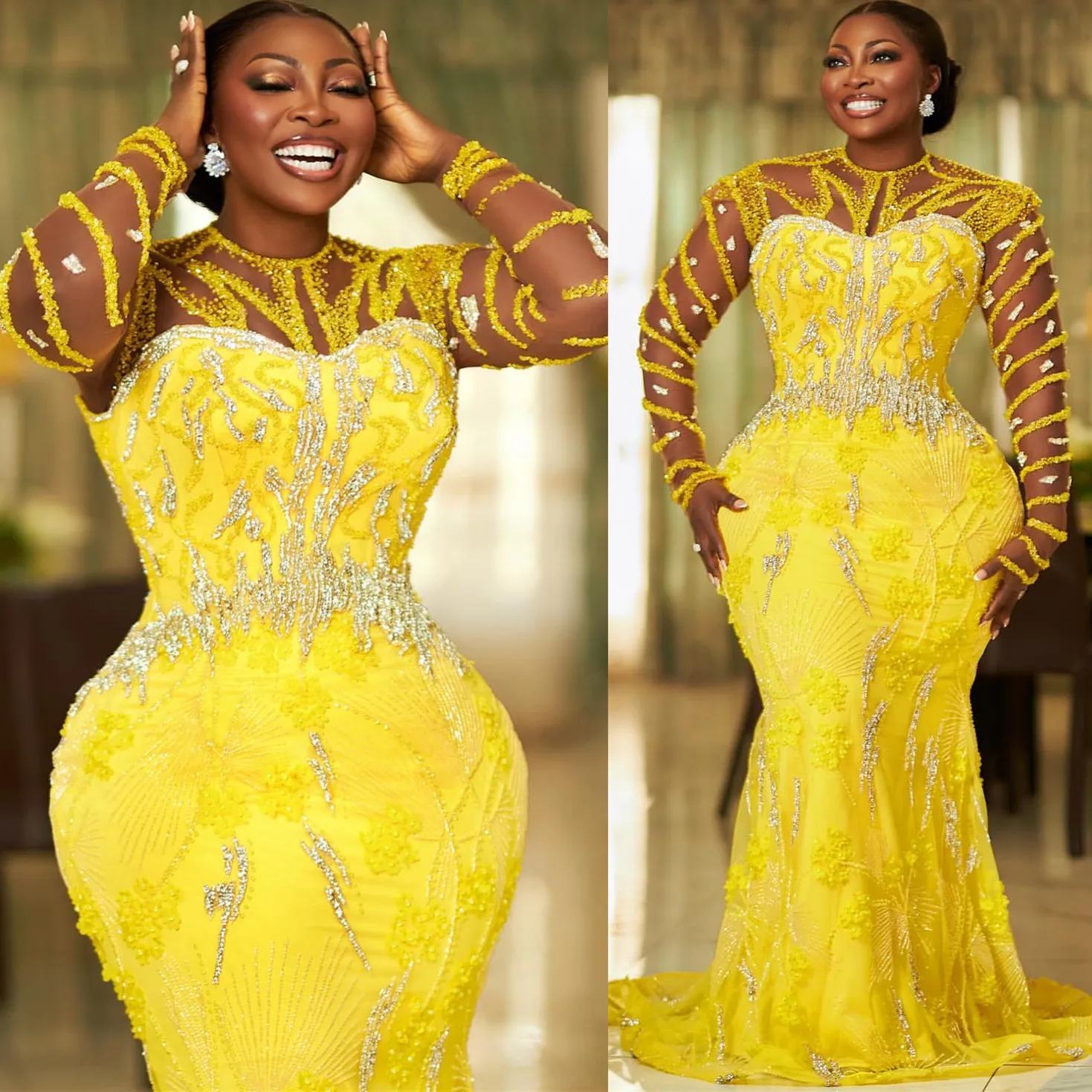 Yellow Mermaid yellow prom dress for Plus Size Women...
