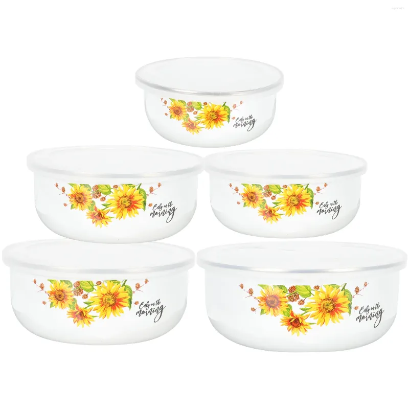 Geschirrsets 5 Stcs Emaille bedeckte Bowl Office Bento Hülle mit Deckel für Küchen Eiertisch Geschirr Plastikschalen Behälter Salat Kind