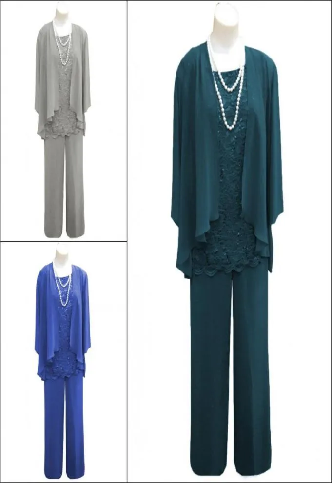Fashion Teal Sliver Lace Royal Mother of the Bride Groom Pants Suits Three Pieces with Jacket Plus size Chiffon Party Evening Form6839820