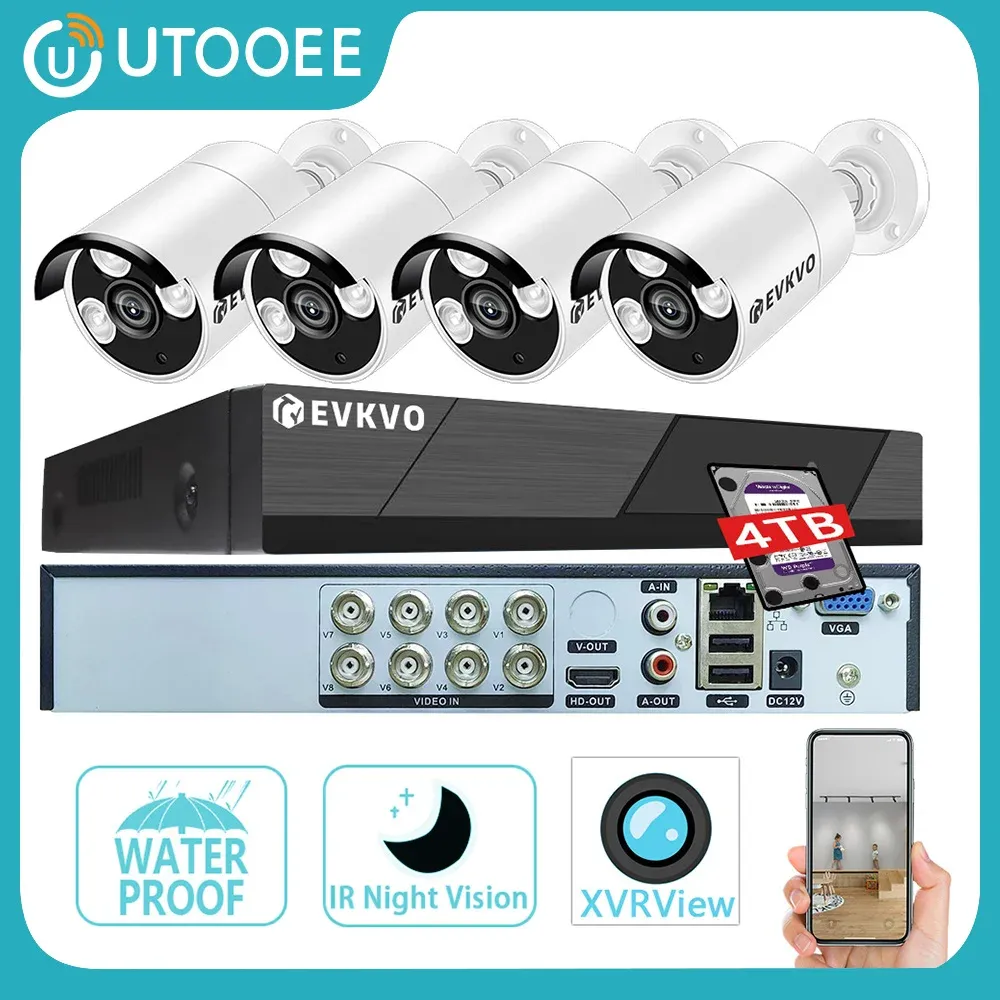 Lins 8ch CCTV System Kit 1080p AHD Camera Kit 4 i 1 Video Recorder Surveillance System Outdoor Security DVR Camera Kit E -postalarm