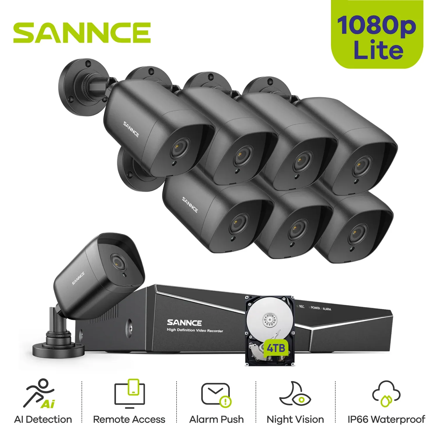 Handskar Sannce 1080p Lite DVR H.264+ CCTV System 4PCS 1080P 2MP Säkerhetskameror IP66 Outdoor Night Vision Video Surveillance Kit