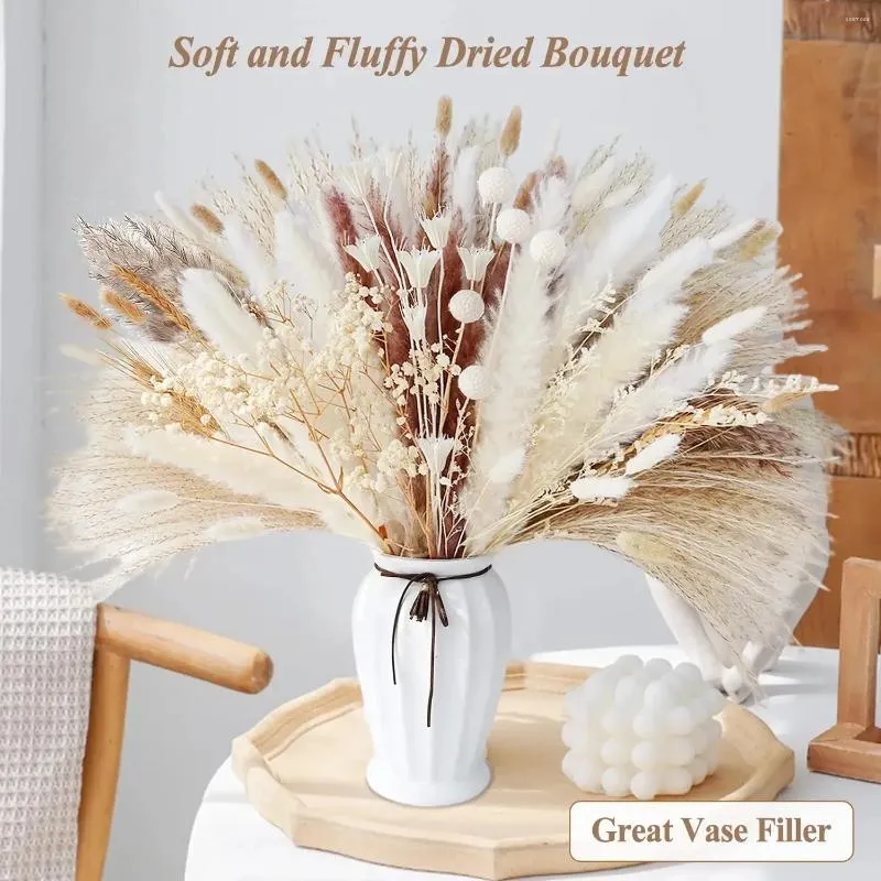 Decoratieve bloemen 109 PCS Gedroogde Pampas Bouquet Home Decor Wit Blaadjes Gras Boho Bruidoffantel Boerderij Kerstdecoraties