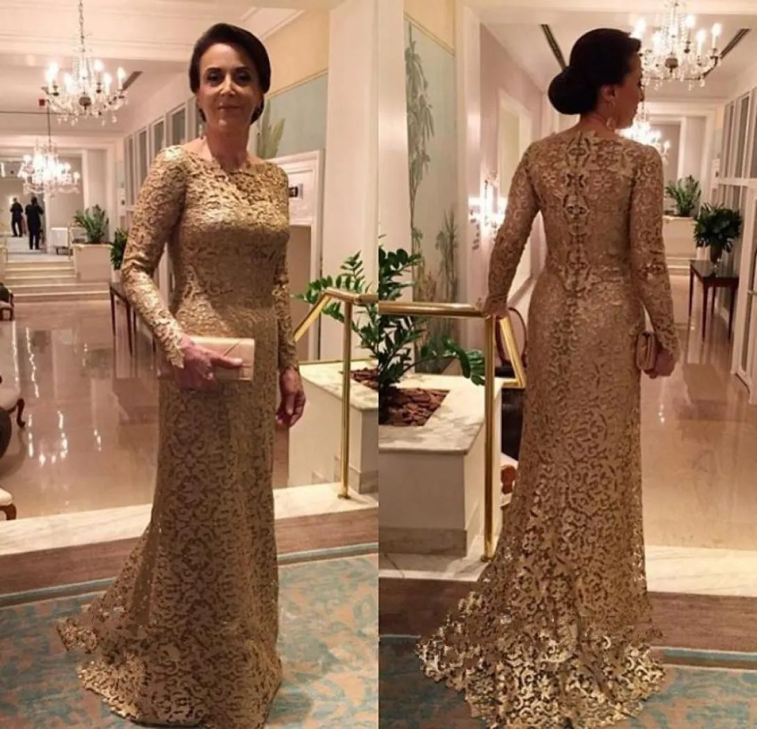 Gold Lace Mother Of The Bride Dresses 2019 Arabic Mermaid Long Sleeves Wedding Guest Dress plus size Formal Evening Gowns1205677