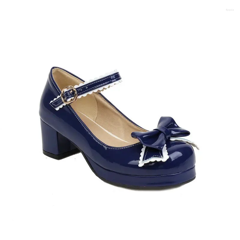 Dress Shoes Women Platform Pumps Round Toe Chunky Heels Bowtie Buckle Strap Lolita Big Size 32-46 Blue Black Pink Red