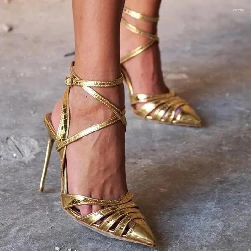 Dress Shoes Sexy Gold Metallic Leather Cross Strappy Pointed Toe Ankle Strap Thin Heels Hollow Celebrating Pumps