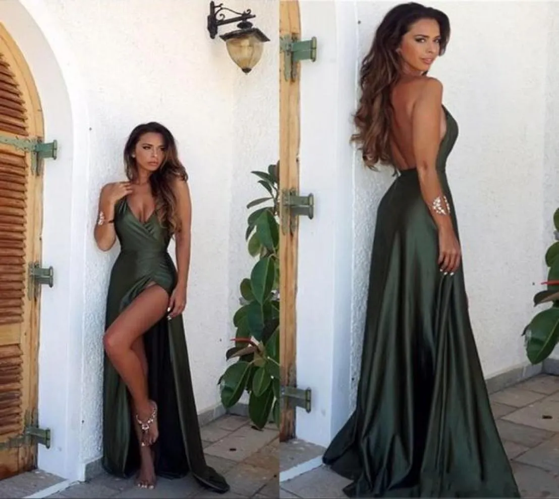 Olive Green Beach New Simple Simple 2019 A Line Prom Vestes Deep Spaghetti Vneck sin espalda Satin Sartrain Hign Split Sexy Eun8597306