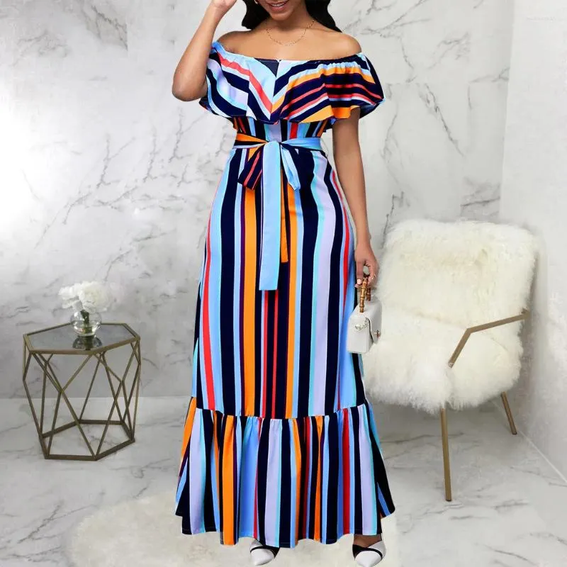 Party Dresses 2024 Luxury Designer Vacation Young Sexy Chiffon Striped Slash Neck Short Sleeve High Wasit Women Long Loose Dress