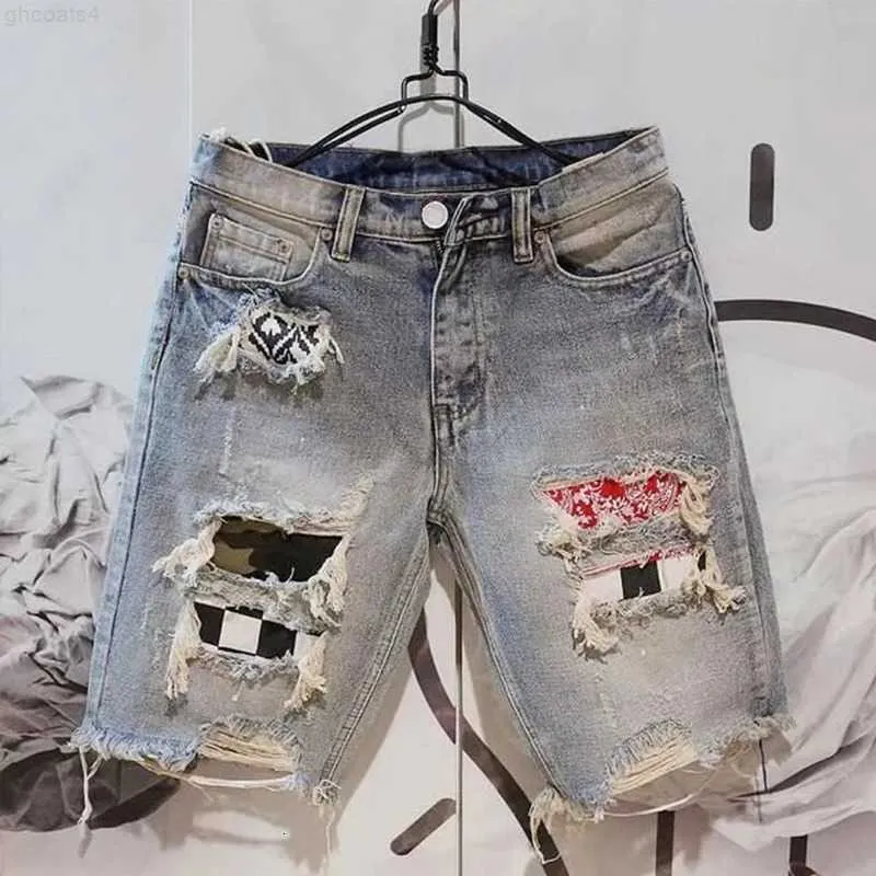 Summer Men Hole Denim Short Pants Fashion żebrak zeskrobowy pięcioczęściowy dżinsy krótkie 240115 C8W5