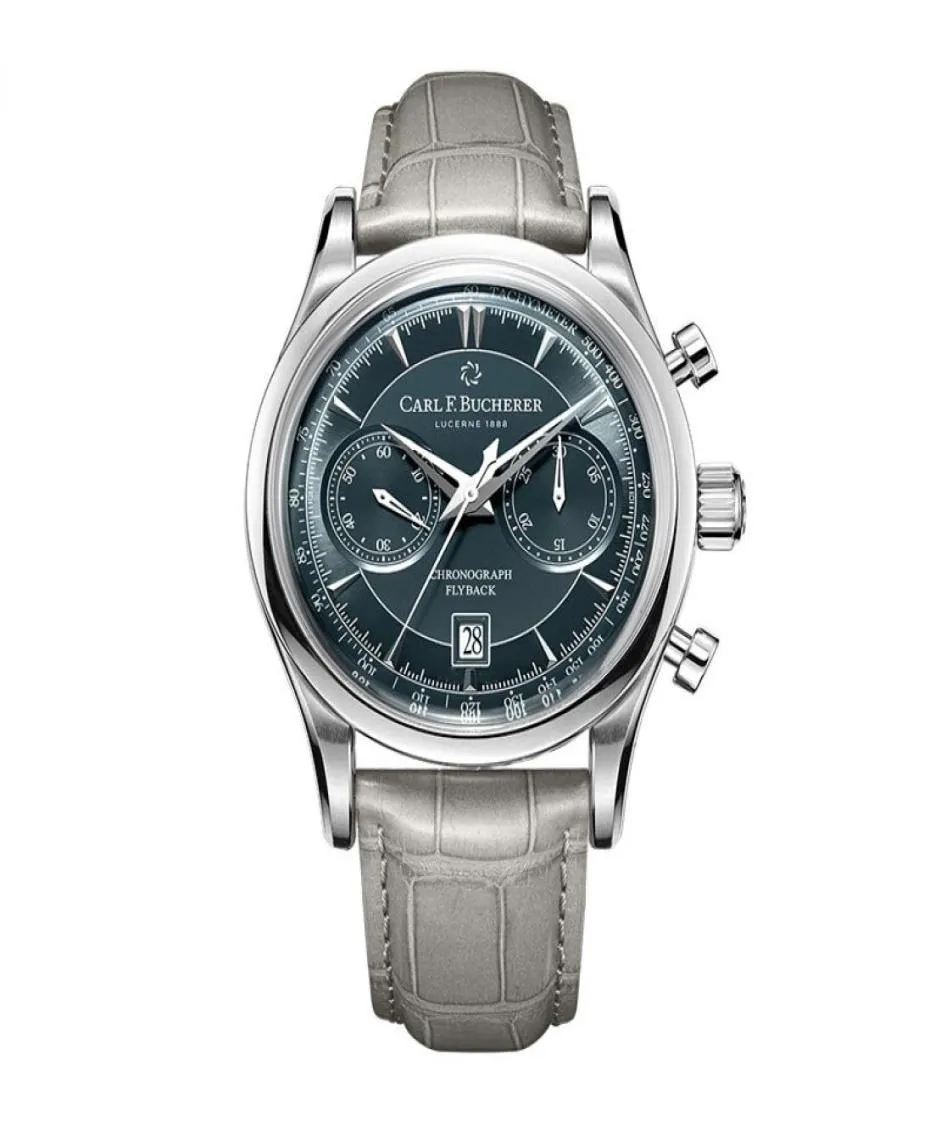 Carl F Watch Bucherer Dragon Flyback Chronographグレーブルーダイヤルトップレザーストラップクォーツ男性ウォッチギフト8396497