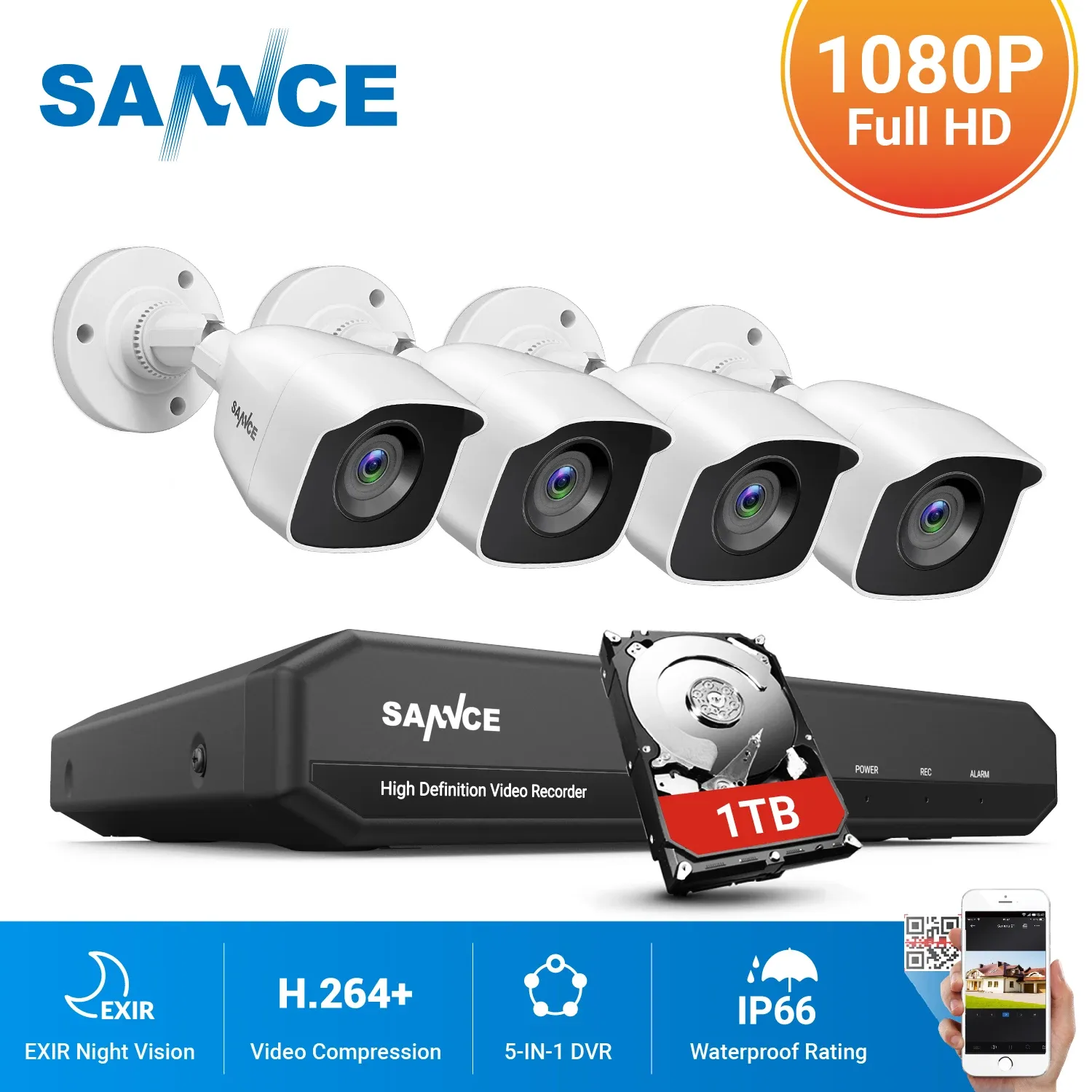 Sistema Sannce 8CH 1080p Lite DVR CCTV Sistema de secuaridade 4pcs 2.0mp Câmeras IR IR Indoor IP66 Kit de vigilância de vídeo IP66