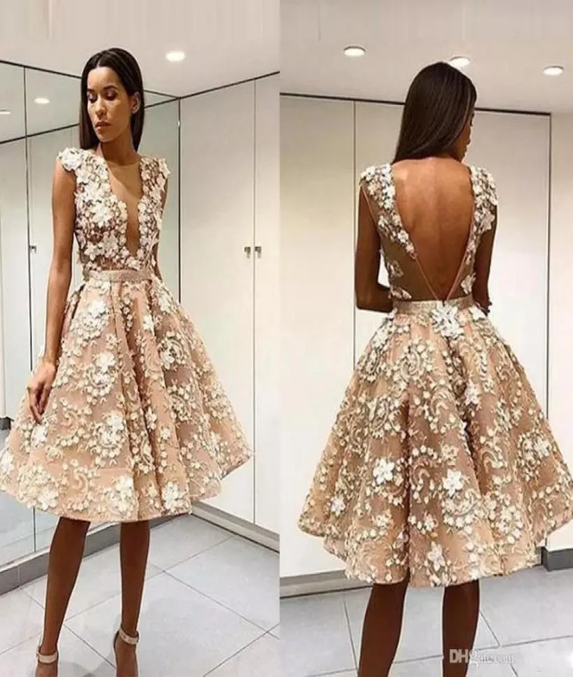 Champagne Ball Gown Knee Length Prom Dresses Juvel Neck Kort cocktailparty Dress Backless med 3D Flower Evening Party Gowns3982358