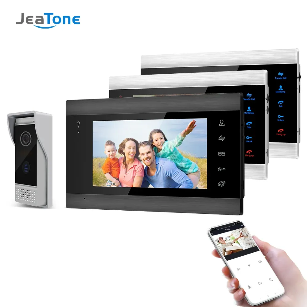 Intercom Jeatone 7 tum trådlös WiFi Smart IP -videodörrtelefon Intercom System med 3 Night Vision Monitor + 1 Regntät dörrklockkamera