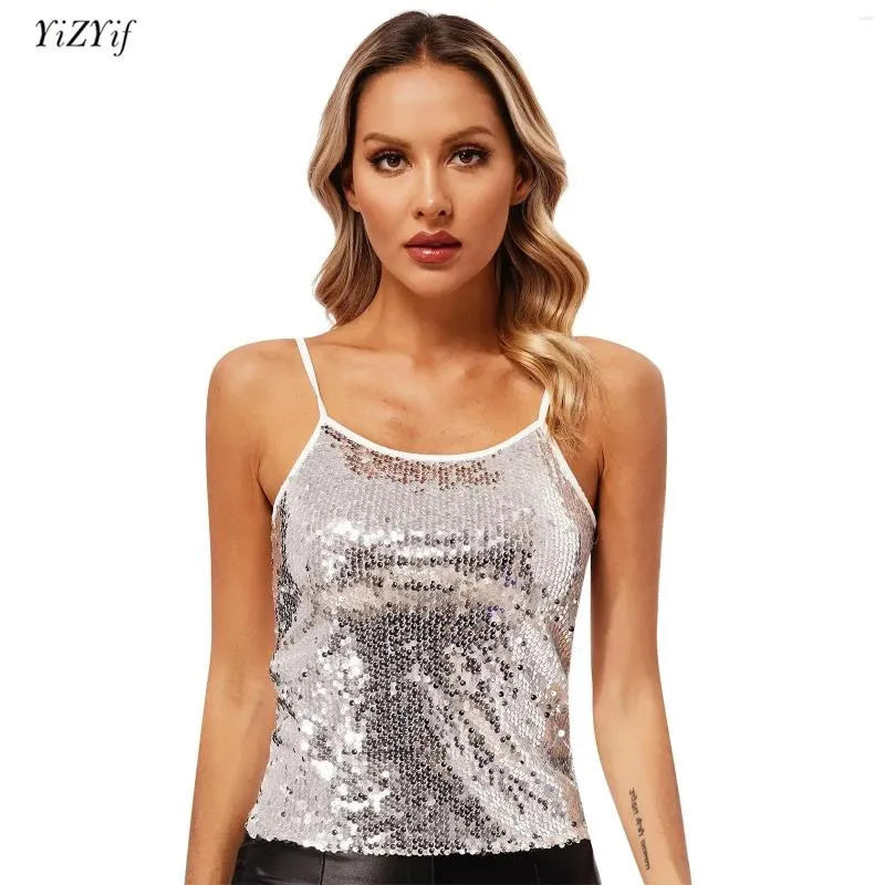 Tanks féminins 2024 Spaghetti Stracles à paillettes Tops Camisole Womens Slim Fit Patchwork Top pour Dancing Disco Disco Night Club Party Clubwear