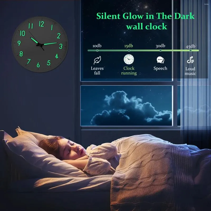 Väggklockor lysande klocka tyst non ticking kvarts hängande för vardagsrum sovrum batteriet drivs digital dekoration
