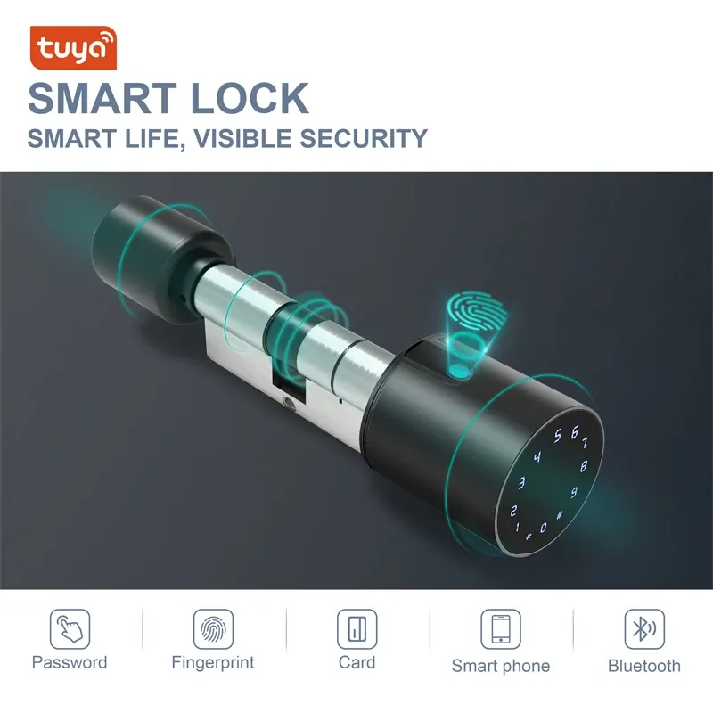 Control Tuya Fingerprint Smart Cylinder Lock Password Biometric Electronic Door Lock with Code Digital Keypad Home Intelligent Lock