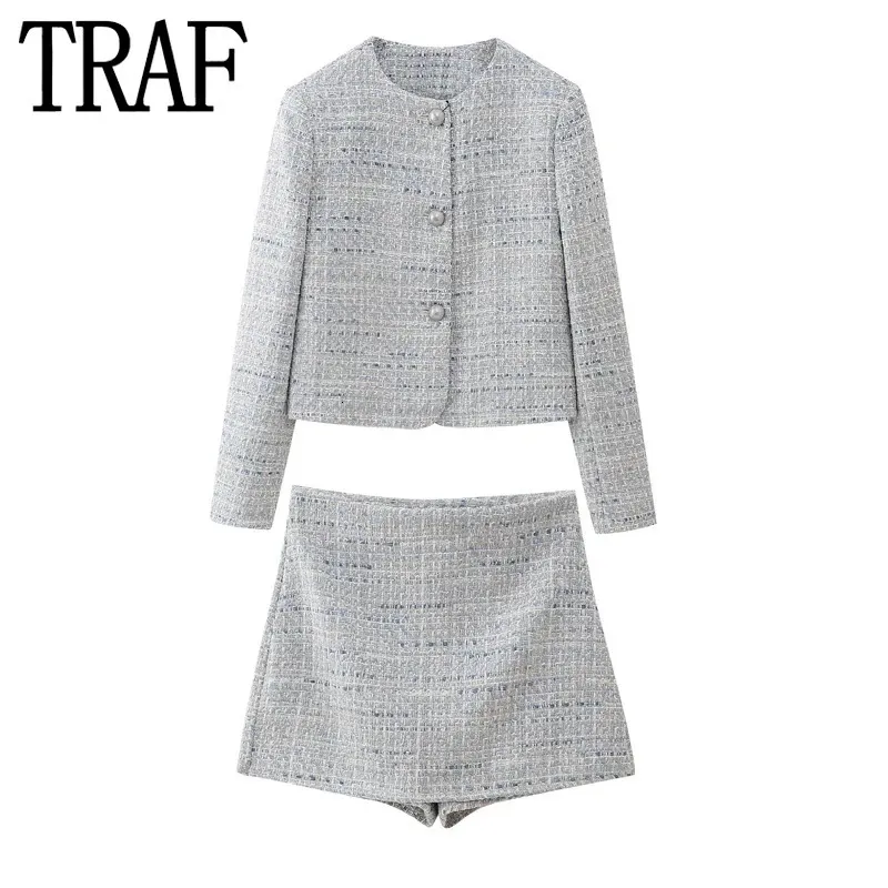 Traf Croped Tweed Jacket Women Spring Vintage Short Woman Long Sleeve Elegant Womens Jackets i Outerwears 240401