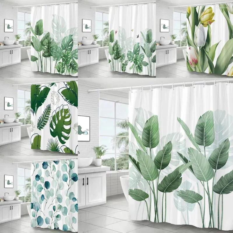 Douchegordijnen groene bladplant eenvoudige Noordse printen badkamer gordijn polyester waterdichte woningdecoratie met 12 haken