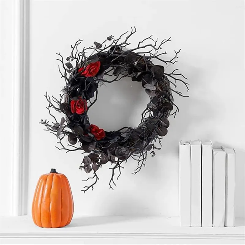 Decorative Flowers Black Halloween Door-Wreath With Red Rose Wreath For Front Door Gothic Home Decor