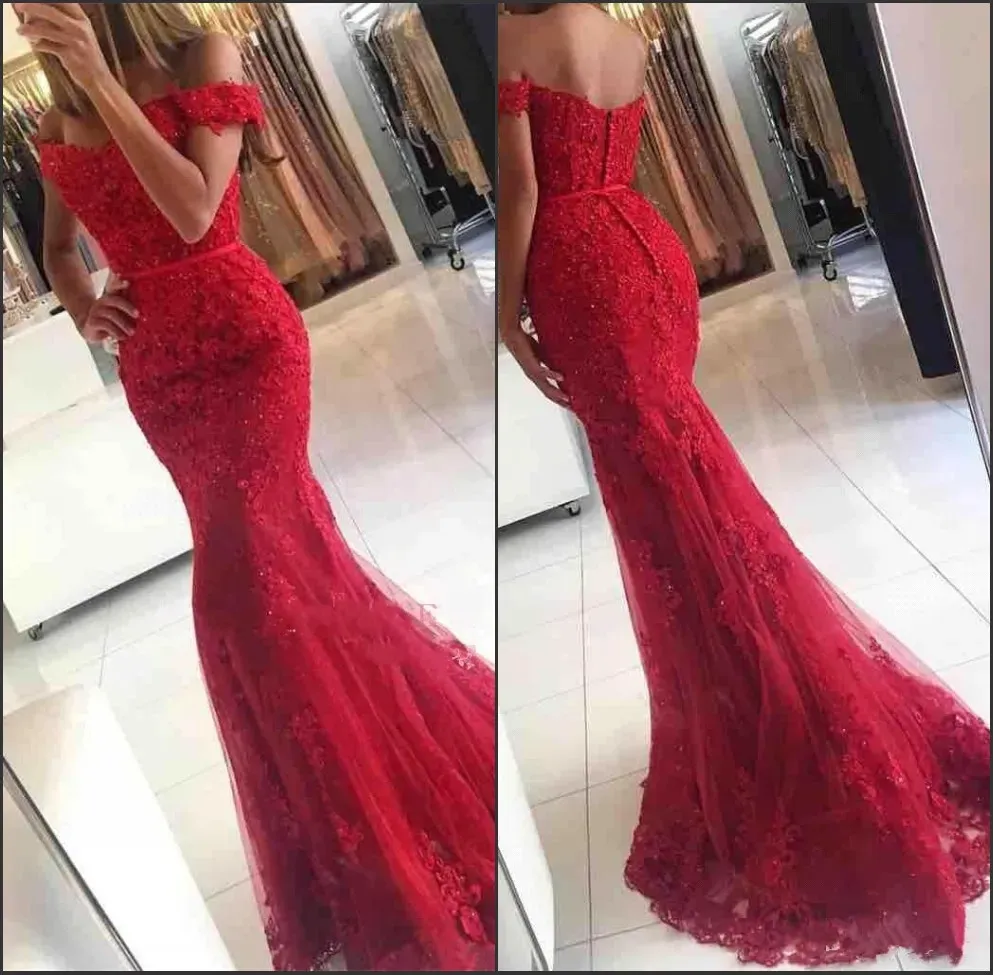 Vestidos na altura do piso glamouroso trompete sereia renda de renda de baile de raia de fita da cintura do ombro Melhores apliques vermelhos vestidos de noite online