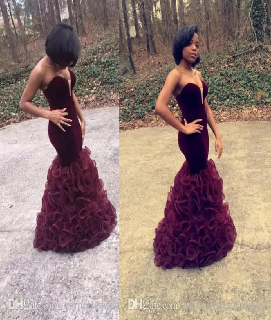 2016 Bourgogne Mermaid Prom Dresses Sweetheart Black Girl Ruffles Tiered Sexig rygglös golvlängd Kändis Kändisklänningar Anpassade 1648343