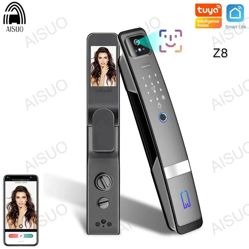 Kilit Aisuo Z8 Tuya Wifi 3D Yüz Tanıma Kilit Kamera Parmak İzi Manyetik Kart Parola Akıllı Otomatik Kapı Kilit