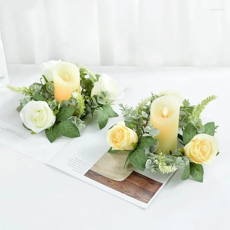 Dekoratif çiçekler 22cm yapay çiçek çelenk şamdan gül çelenk mum tutucu merkez parçası düğün doğum günü Noel parti ana masa