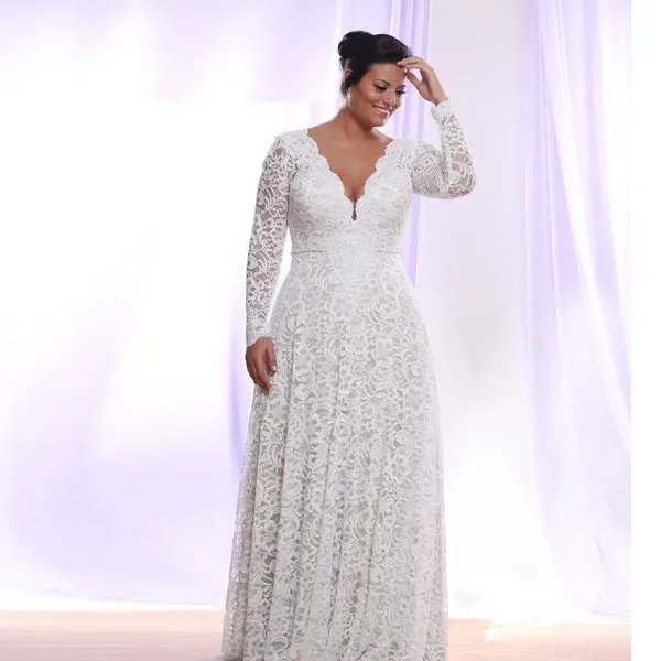 Dresses Stunning Lace Plus Size Wedding Dresses With Long Sleeves Deep VNeck ALine Bohemian Wedding Dress Floor Length Beach Bridal Gown