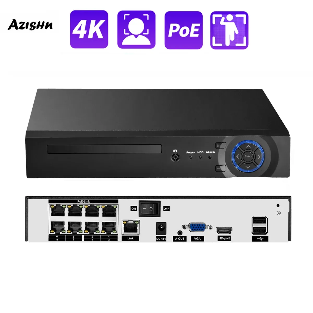 Cameras Azishn H.265 + 4ch 8ch 16ch Poe NVR pour la caméra de surveillance de la sécurité IP Système CCTV 5MP 8MP 4K AUDIO VIDÉO Recorder Face Detect