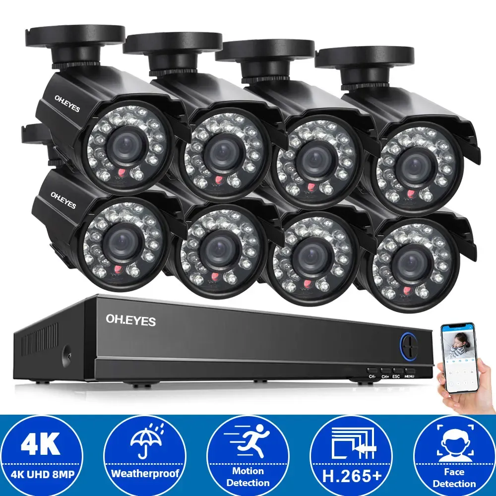 Система 8CH CCTV CCTV Система камеры домашней безопасности 4K Обнаружение лица Аналоговое наблюдение камеры Комплект 8MP AHD DVR Kit 4CH XMEYE P2P