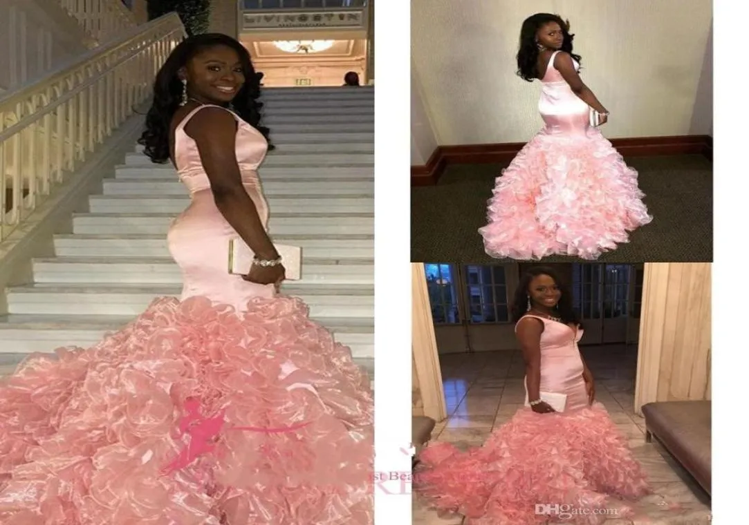 South Afric Evening Dresses Mermaid Organza Ruffles Ball Gown Satin Blush Pink Prom Gowns 2016 Pageant Gowns4580302