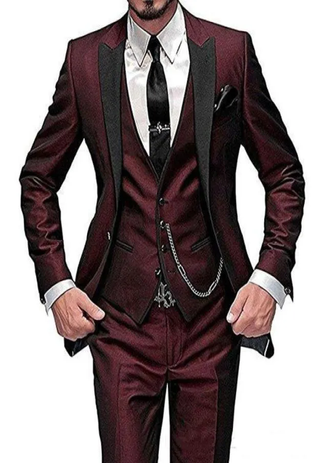 Yeni moda ince fit bordo damat takım elbise mükemmel damat adam erkekler resmi düğün takım elbise parti üç parça blazerpantvest6996855