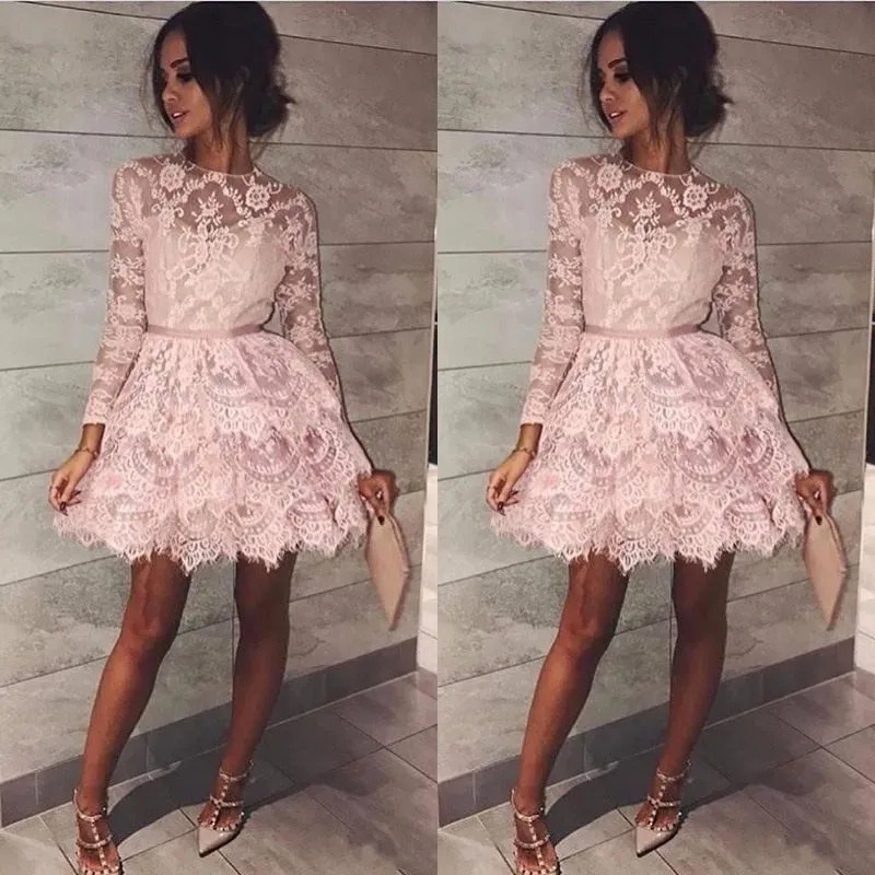 Jurken blush roze korte homecoming jurken lange mouwen juweel nek goedkope feestavond mini lengte prom jurk formele jurken