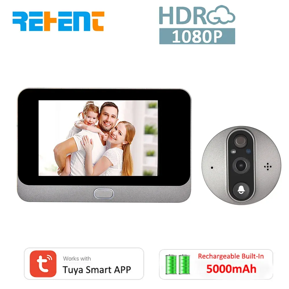 Doorbell Rehent Alexa Google tillkännagivande Tuya Video Doorbell Peephole 5000mah Battery Infraröd dörrkamera med 4,3 "LCD -digital tittare