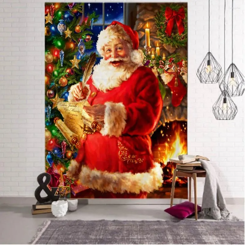 Arazzi di Natale Arazzo decorativo di Natale Red Babbo Natale Tree Camino Muro di arte Coppata per vacanza a casa