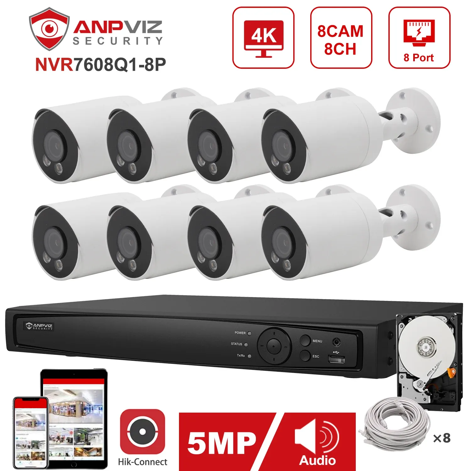 System Hikvision OEM 8CH 4K NVR Anpviz 5MP ColorVu IP Camera POE IP Security Customized System Kit IP Camera Color Night Vision 30m IR