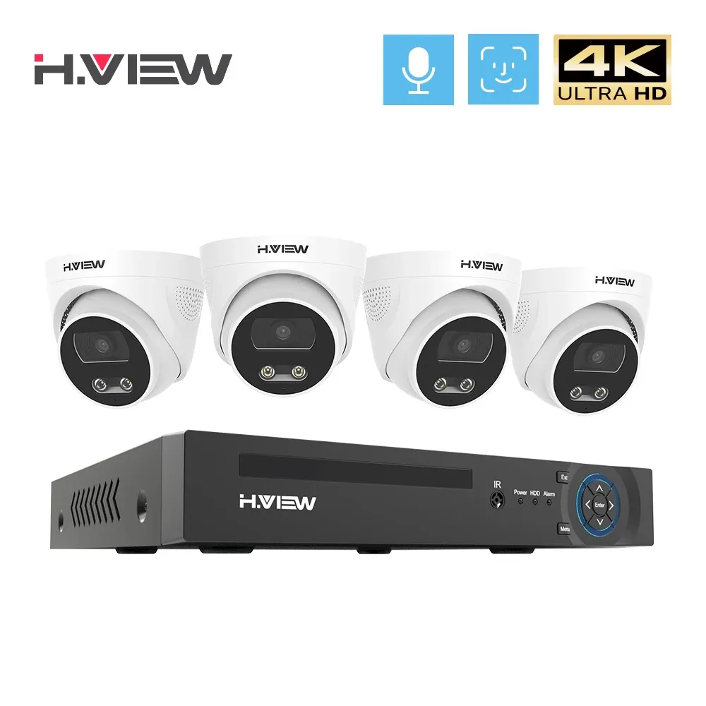 Sistema H.View 8MP 4K Kit de vigilância de vídeo 8CH câmeras de segurança CCTV Sistema Home AI Detecção de Face Audio Dome IP Câmera Poe NVR Conjunto