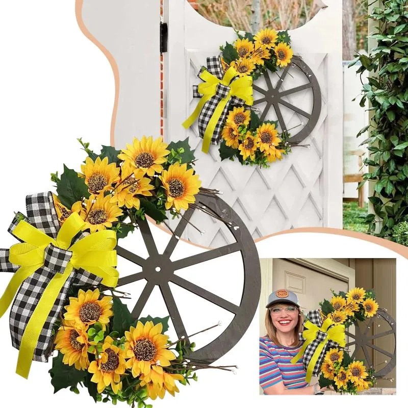 Fleurs décoratives Summer Family Wheel Sunflower Wreath Farmhouse Simulation Fleur Fleur Disc en bois Porte suspendue Petite extérieur